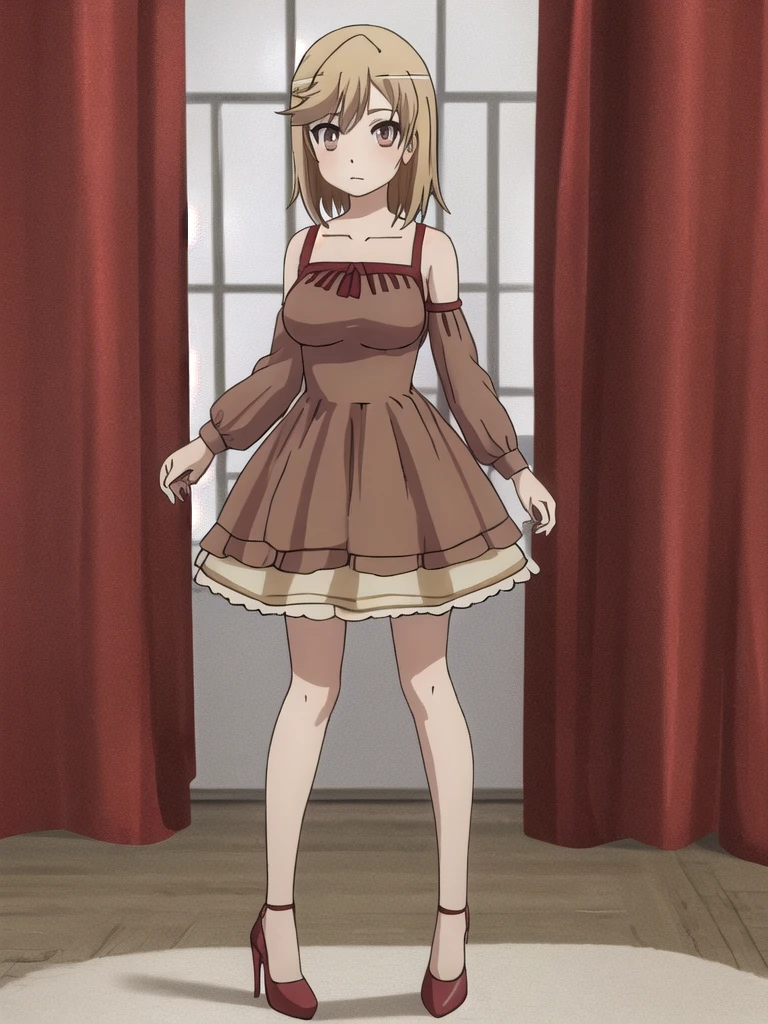 Anime style, {{8-to-10 height}}, {{standing portrait}}, full body, woman around 30, adult woman, one woman, one adult woman, {{young woman}}, standard breasts, medium breasts, normal breasts, {{medium hair}}, shoulder-length hair, {{beige blonde hair}}, large eyes, cute eyes, {{brown eyes}}, {{tare eyes}}, cabaret dress, random color fashion coordination, {{very long stockings}}, high heels, masterpiece, high quality, high quality, Bad anatomy, reddish purple with plain background