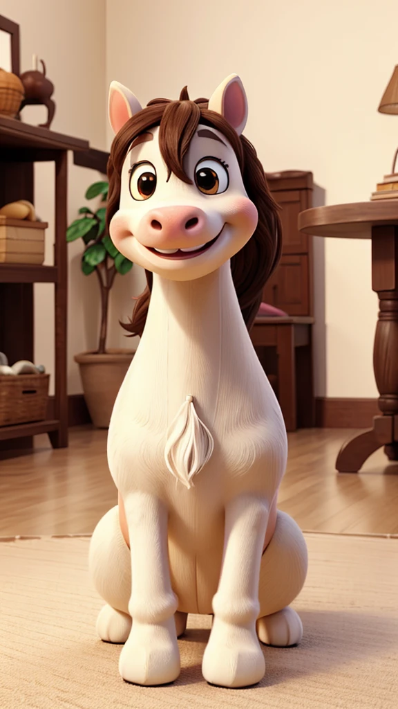 Create an image of smiling stuffed horse with brown color with white sitting on the floor