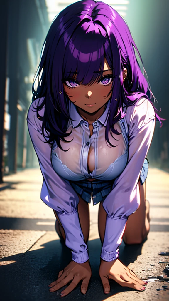 Masterpiece, dark-skinned woman, brunette, 30s, crawling on the floor, on all fours, facing forward, frontal photograph, left hand pointing to her head, hand on her head, wearing thong, panties stretched up to her waist, purple panties , big ass, big breasts, thick and toned thighs, wearing a low-cut blouse, semi-transparent wet blouse, bra showing through the wet blouse, showing a little of the breasts, long hair, purple hair, ass showing, in a sensual look, sexy position, solid background scene, high contrast solid color scenery, extremely detailed
