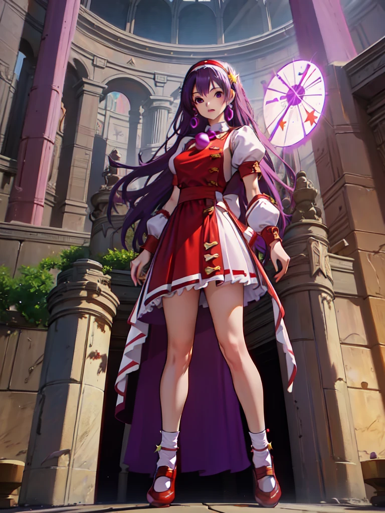 (masterpiece, best quality:1.2), intricate details, athena asamiya, 1girl, ,Vestido en V profundo,, , hairband, long hair, , purple hair, purple eyes, star hair ornament, full body, frontal shot, mirando al espectador, de pie, al aire libre,red shoes,muslos,