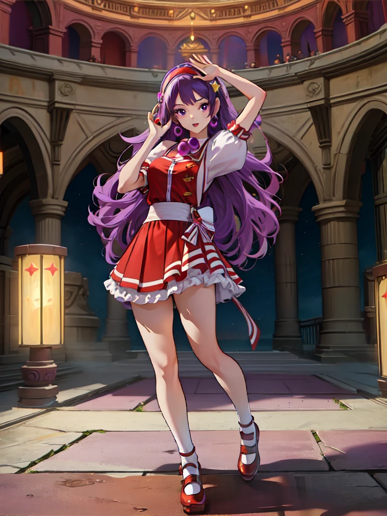 (masterpiece, best quality:1.2), intricate details, athena asamiya, 1girl, ,Vestido en V profundo,, , hairband, long hair, , purple hair, purple eyes, star hair ornament, full body, frontal shot, mirando al espectador, de pie, al aire libre,red shoes,muslos,