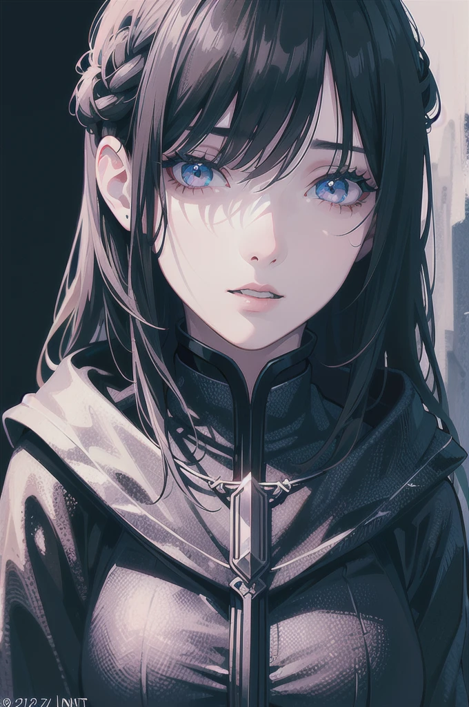 1girl with beautiful detailed eyes, beautiful detailed lips, extremely detailed face, long eyelashes, black hair, black cloak, bold words, high fashion, dark black background, (best quality,8k,highres,masterpiece:1.2),ultra-detailed,(realistic,photorealistic,photo-realistic:1.37),dark,dramatic lighting,dramatic shadows,cinematic,moody