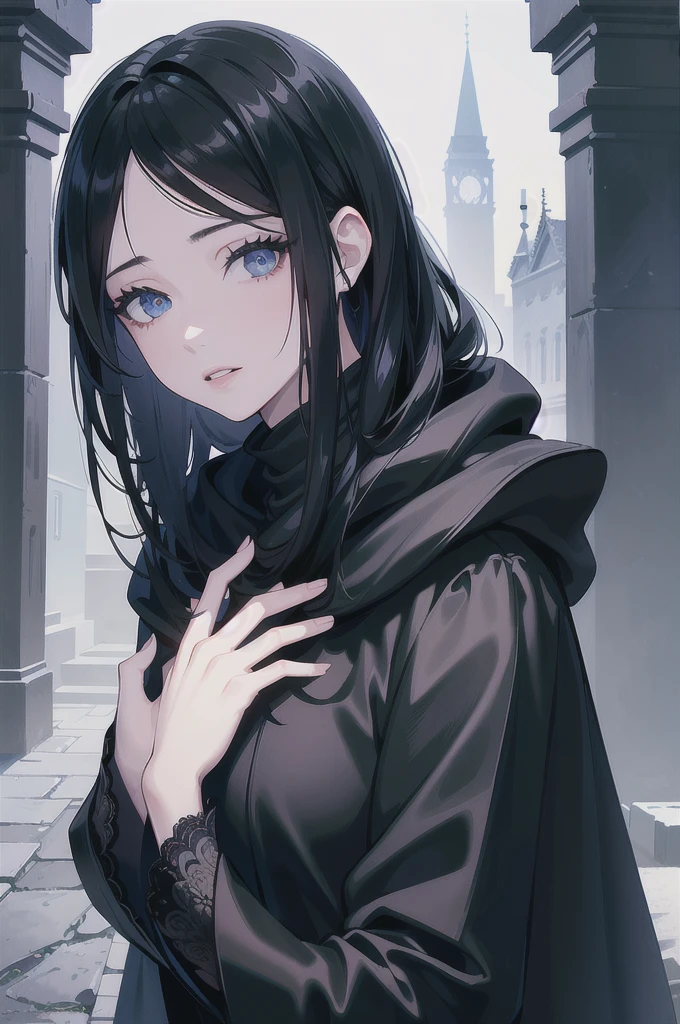 1girl with beautiful detailed eyes, beautiful detailed lips, extremely detailed face, long eyelashes, black hair, black cloak, bold words, high fashion, dark black background, (best quality,8k,highres,masterpiece:1.2),ultra-detailed,(realistic,photorealistic,photo-realistic:1.37),dark,dramatic lighting,dramatic shadows,cinematic,moody