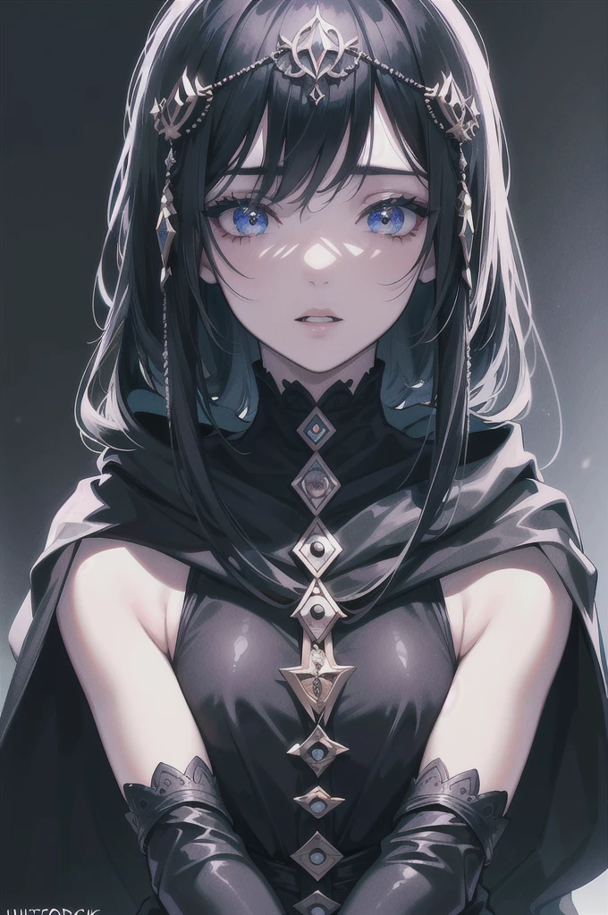 1girl with beautiful detailed eyes, beautiful detailed lips, extremely detailed face, long eyelashes, black hair, black cloak, bold words, high fashion, dark black background, (best quality,8k,highres,masterpiece:1.2),ultra-detailed,(realistic,photorealistic,photo-realistic:1.37),dark,dramatic lighting,dramatic shadows,cinematic,moody