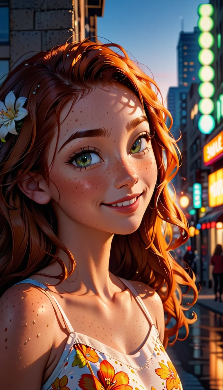 masterpiece portrait of a woman in Montreal at dawn, long hair, beautiful orange curly hair, ssmile, greeneyes, freckles, flower print, don, dawn, neon, lightrays, caustic, lens reflection, ((standing alone)), Ismael_Limbo