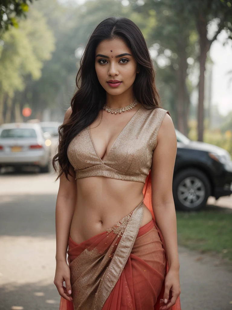 photo portrait of beautiful  sexy indian triangular face fair  female model,  posing full body  in sexy see through saree on indian busy ondian road , looking at viewer, lense flare, (realistic eyes, symmetric face:0.8) (masterpiece:1.2) (photorealistic:1.2) (bokeh) (best quality) (detailed skin) (intricate) (8k) (HDR) (cinematic lighting) (sharp focus), big breast, big natural lips, dark red lips, sparkling day dreams eyes.
