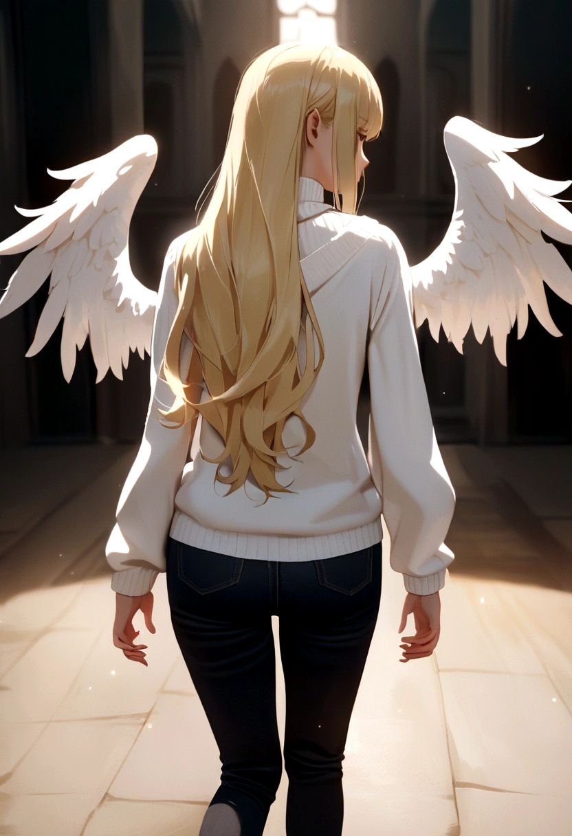 women, blonde Dos, with angel wings in the back dressed, with a white sweater and black jeans
