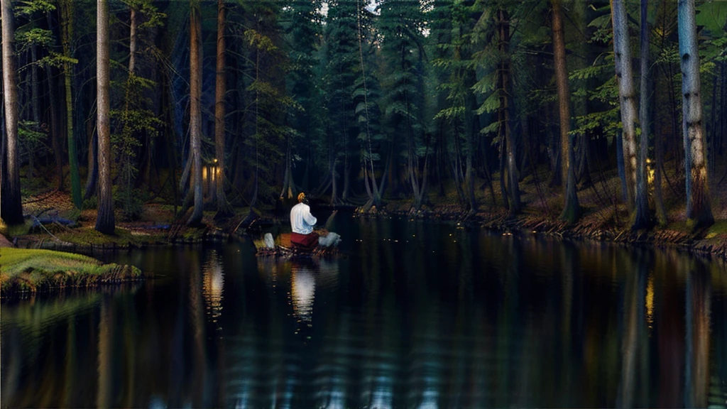 In the shadowy glow of a darkened forest river, a Tibetan Zen monk meditates with serene grace amidst the tranquil setting. This photorealistic image captures the essence of peace and mindfulness as the monk's robes flow calmly in the gentle breeze. The scene exudes a sense of calm and spiritual connection, rendered with exquisite detail and precision. Every brushstroke or pixel enhances the serene beauty and depth of the meditative moment, inviting viewers to pause and reflect on the tranquility of the natural world.