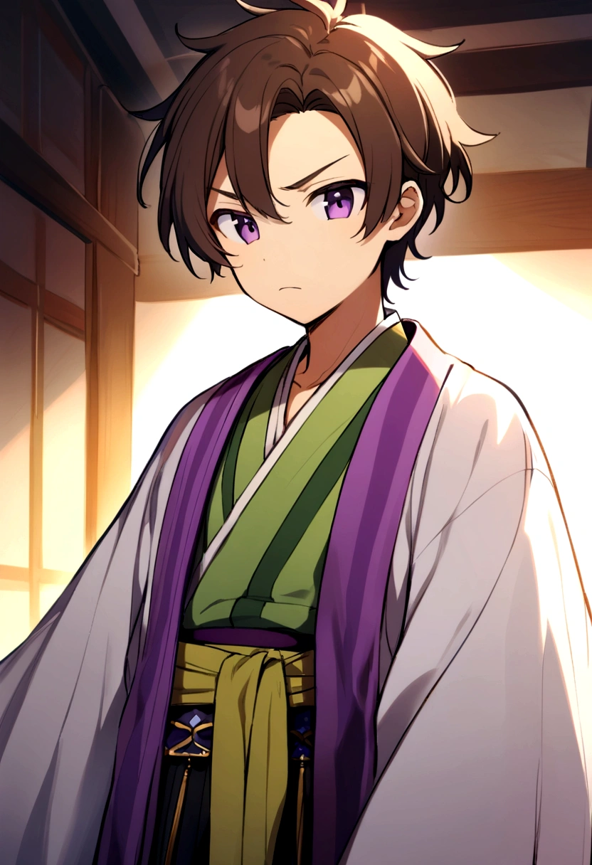 A young man of about seventeen, Brown hair, purple eyes, short stature, frowns, dressed in hanfu
