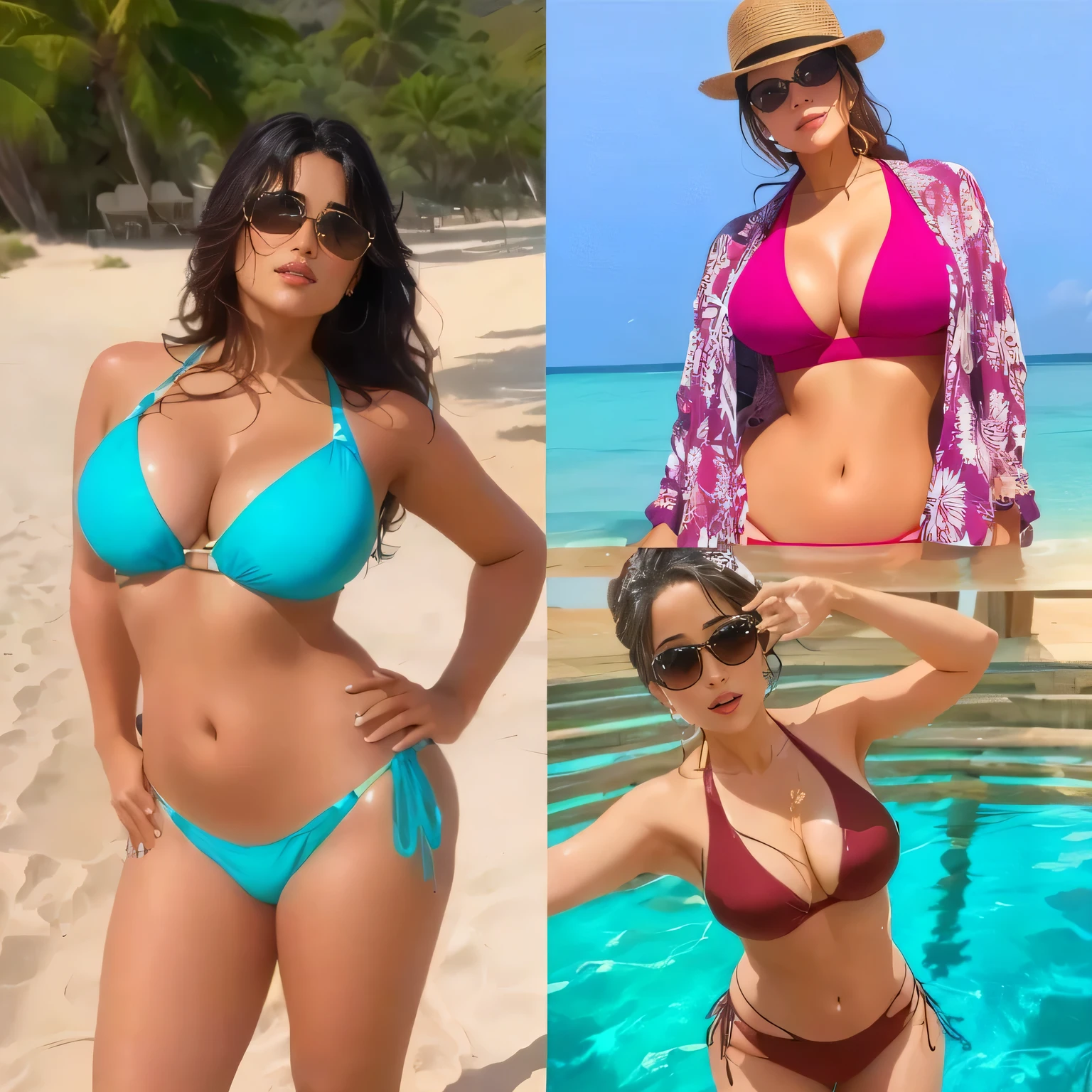 Selma hayek, multiple pictures of one woman in bikini and hats standing in the water, wearing two - piece swimsuit, large size breasts, in bikini, bikini model, is wearing a swimsuit, skinny waist and thick hips, full body shot in bikini, in a bikini, bikini, sunny leone, 32 years old, attire: bikini, dressed in belts bikini, wearing a bikini, realistic bikini