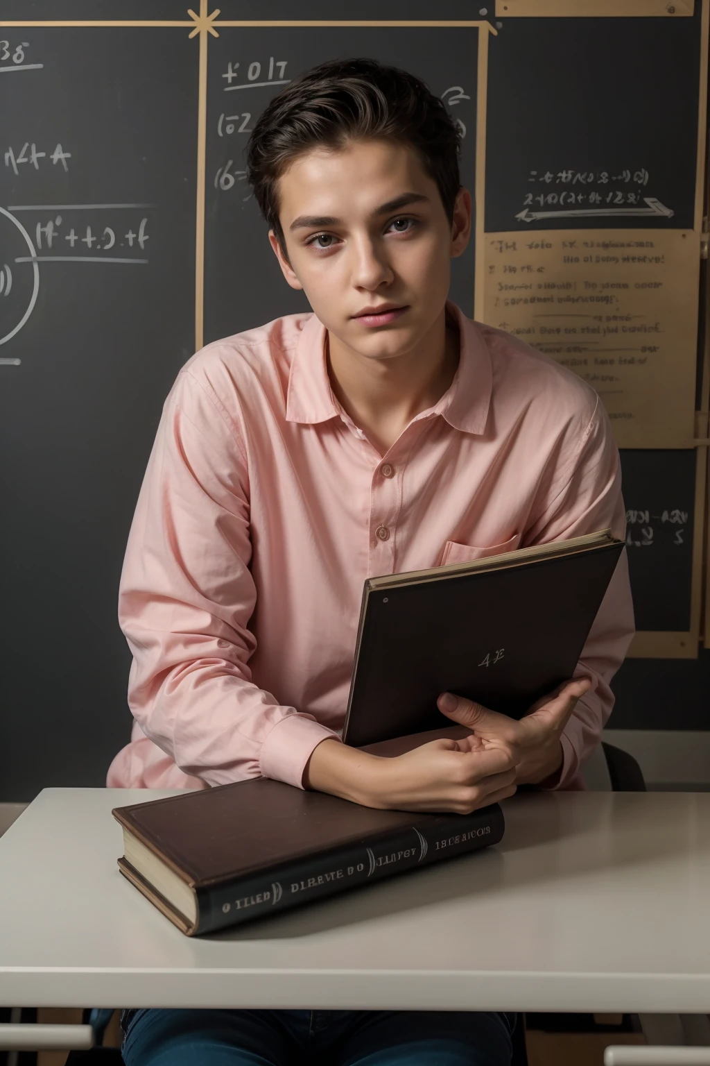 A beautiful young male twink with dark circles under his eyes. He has black hair and a face with make-up. He is wearing a bright pink long-sleeved shirt and aqua blue pants. He is in his office, sitting at a study desk, reading a huge book. Behind him is a blackboard with calculus written on it. Integration and mathematical equations, and radiating neon energy comes out of the blackboard.