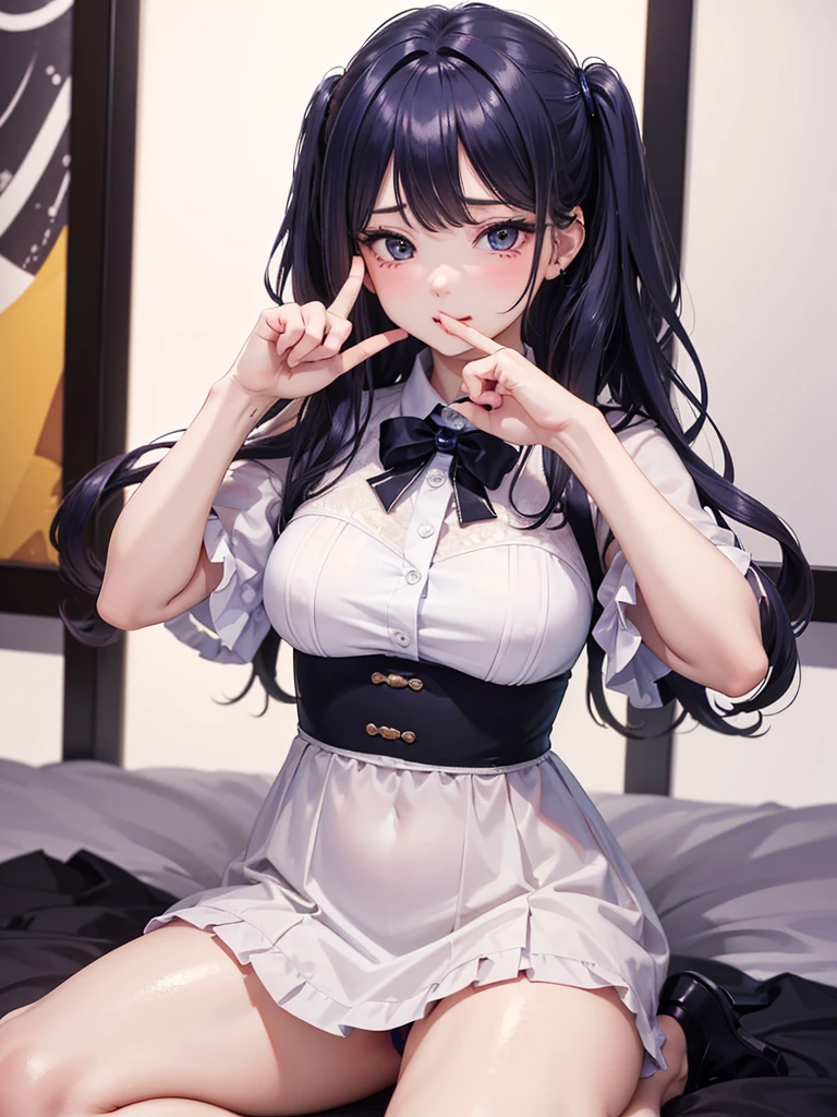 ((((Best Quality, 8K, 32K, masterpiece, 1.2)))),{{solo}},nsfw,{{{Artist: GirlfriendMix's style}}},((perfect beautiful face:1.2)), in love hotel, wearing, idol dress, netorare, netorare face, spreading pussy with fingers, embarrassed, high quality of vagina, vivid pussy,((a lot of public hairs:1.1)),