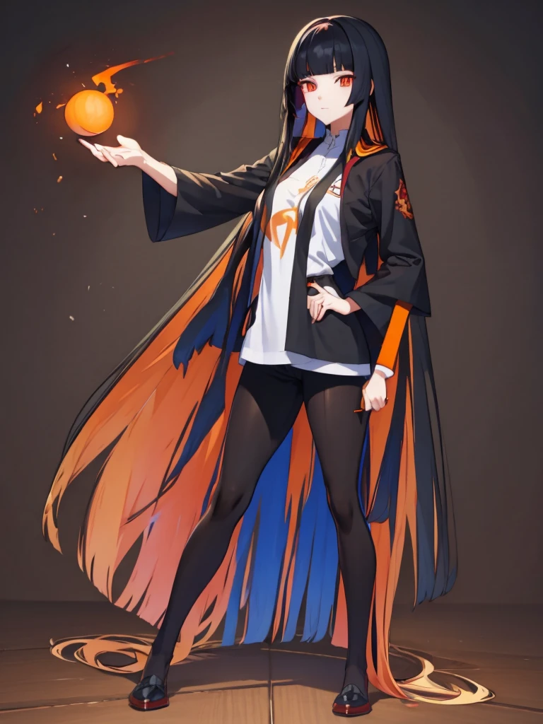 long hair, full body, orange eye, black hair, red inner hair, wand wood, concept art