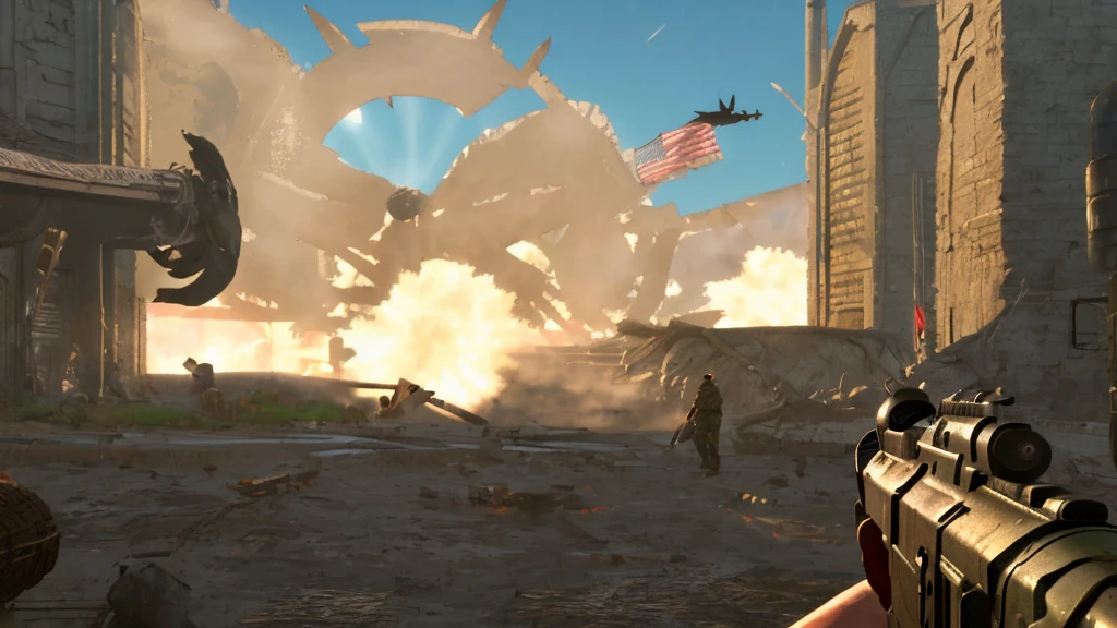 1man, asian, short black hair, green eyes, wearing american soldier uniform, shooting assault rifle, oversized bird dressed as soldier, shooting sniper rifle, prophet, operations, luna, wartorn city, explosions, absurdres, high res, ultrasharp, 8K, masterpiece, looking at viewer