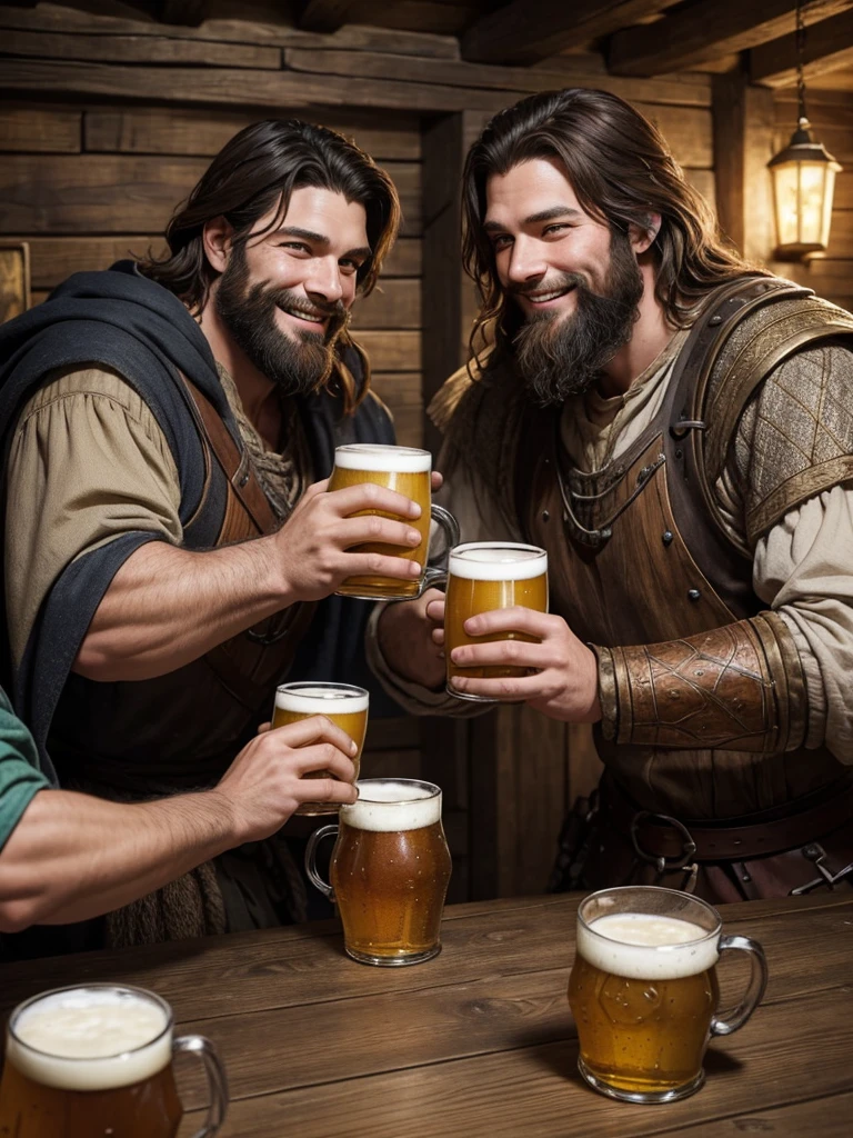 Two medieval fantasy adventurer brothers. They are dressed in comfortable travel clothes. They both smile while toasting with mugs of beer sitting at the table in a wooden tavern.. Their faces are full of unkempt beards. One has black hair. ther has brown hair.