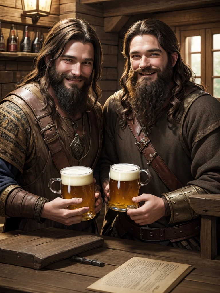 Two medieval fantasy adventurer brothers. They are dressed in comfortable travel clothes. They both smile while toasting with mugs of beer sitting at the table in a wooden tavern.. Their faces are full of unkempt beards. One has black hair. Another has brown hair.