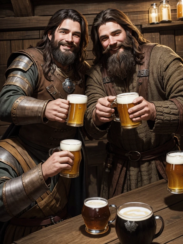 Two medieval fantasy adventurer brothers. They are dressed in comfortable travel clothes. They both smile while toasting with mugs of beer sitting at the table in a wooden tavern.. Their faces are full of unkempt beards. One has black hair. Another has brown hair.