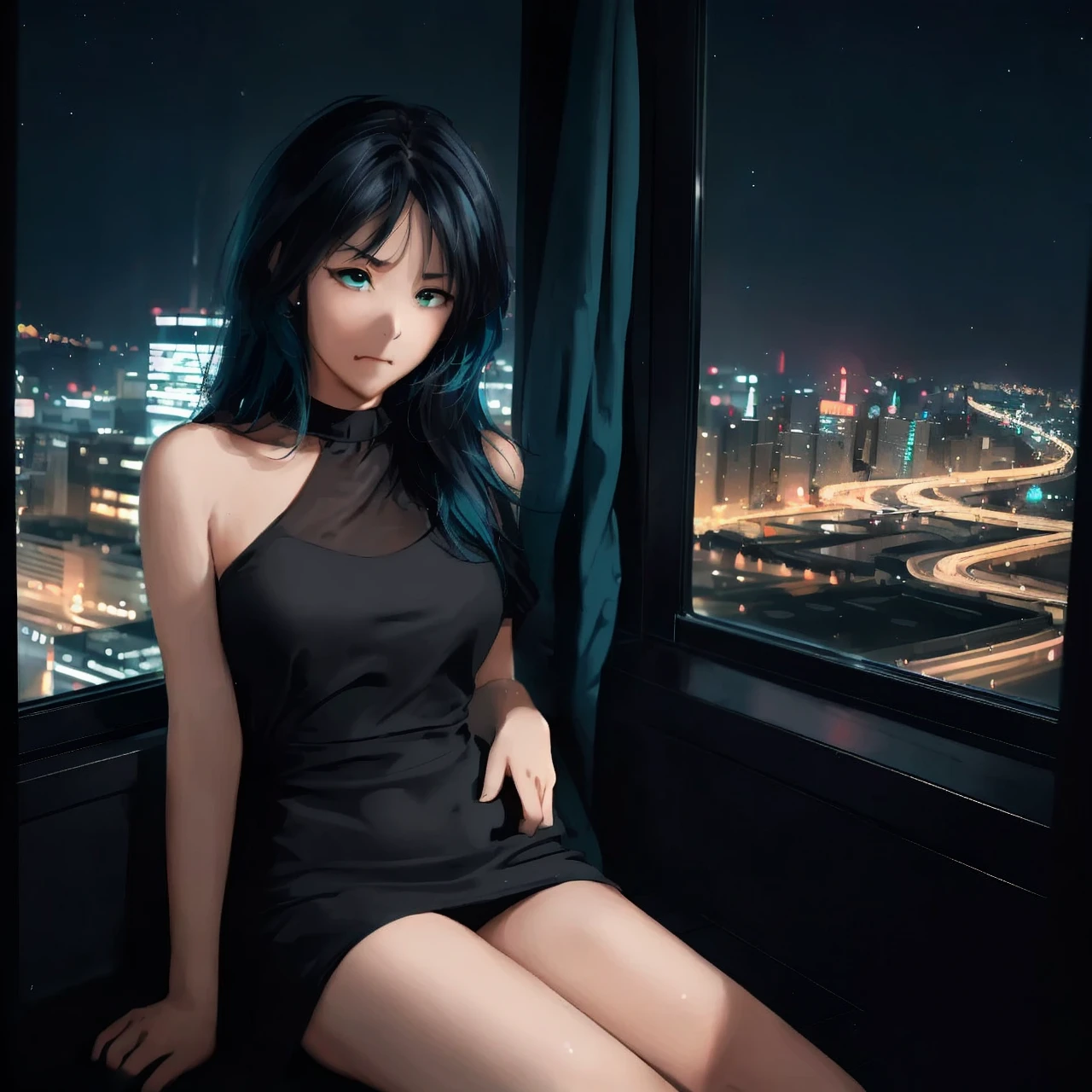 Chibi, ((hight quality, 18k, best quality)), ((black and cyan hair color)), short hair, angry cute