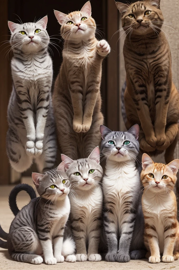: A group of robust cats is laughing and pointing at the skinny cat. They have mocking expressions and are in different poses of laughter