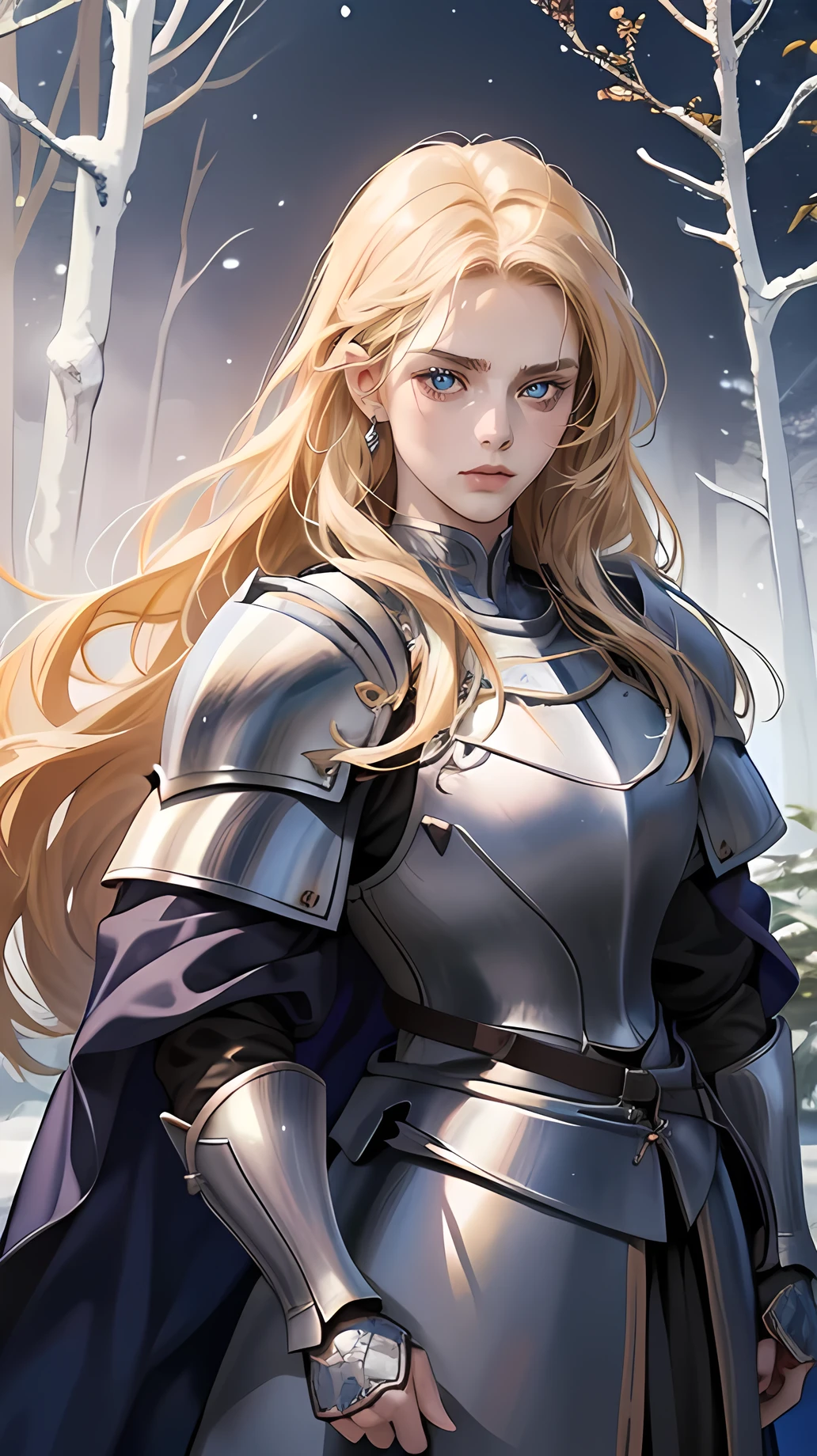 masterpiece, high quality, Best quality, HD, realistic, perfect lighting, detailed body, 1 woman, Beautiful BLUE Eyes, long hair, serious look, ready for battle, anger, Golden hair, luminous, armor, queen, (((Knight))), clothing armor, woman-warrior, detailed clothing, warrior, Winter forest background, Moonlight, Traced face, Detailed, handsome face