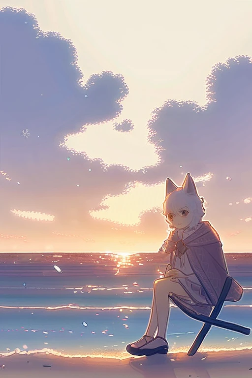 ((Лучшее качество)), ((шедевр)), (подробный), The fox girl is sitting on the beach.