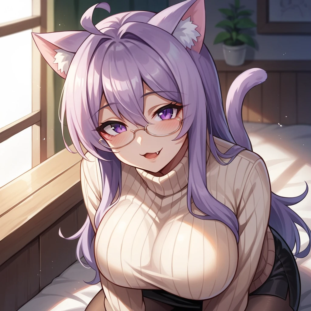 masterpiece, best quality, girl, ((looking at viewer)), lilac hair, purple eyes, long hair, ahoge, sweater, sweater skirt, pantyhose, 163cm, hair between eyes, large breasts, adult, 33 years old, mature, glasses, solo, sole, smile, cat ears, cat tail, fang, catgirl, animal ears, oral rape
