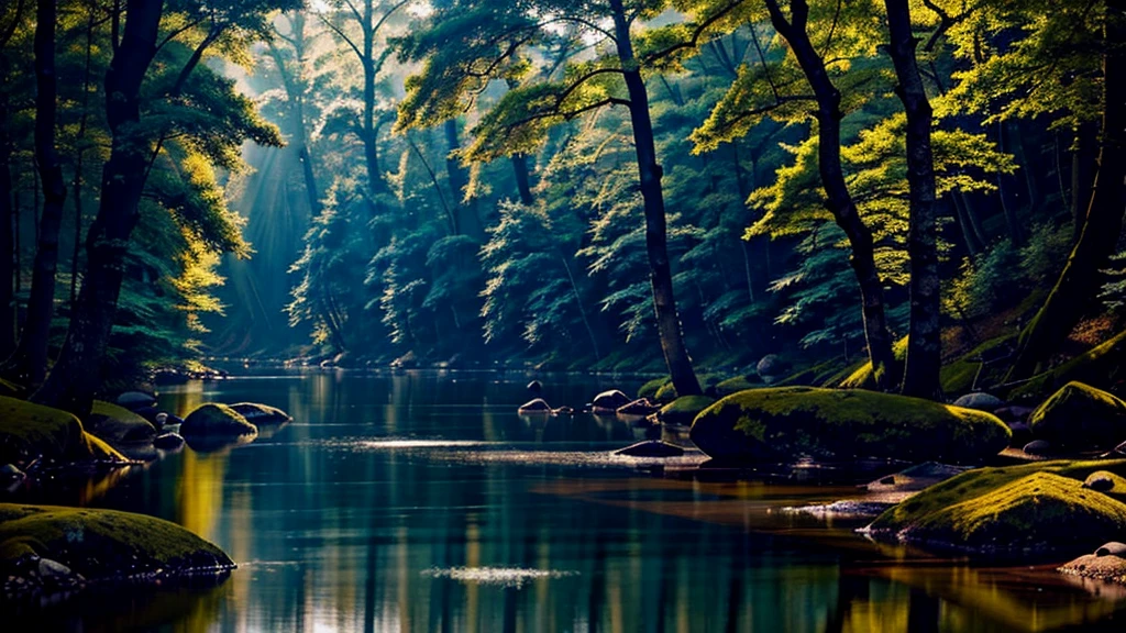 In the shadowy glow of a darkened forest river, a Tibetan Zen monk meditates with serene grace amidst the tranquil setting. This photorealistic image captures the essence of peace and mindfulness as the monk's robes flow calmly in the gentle breeze. The scene exudes a sense of calm and spiritual connection, rendered with exquisite detail and precision. Every brushstroke or pixel enhances the serene beauty and depth of the meditative moment, inviting viewers to pause and reflect on the tranquility of the natural world.