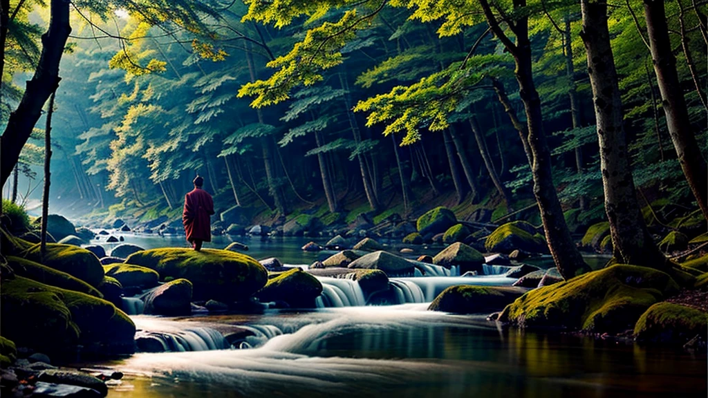 In the shadowy glow of a darkened forest river, a Tibetan Zen monk meditates with serene grace amidst the tranquil setting. This photorealistic image captures the essence of peace and mindfulness as the monk's robes flow calmly in the gentle breeze. The scene exudes a sense of calm and spiritual connection, rendered with exquisite detail and precision. Every brushstroke or pixel enhances the serene beauty and depth of the meditative moment, inviting viewers to pause and reflect on the tranquility of the natural world.