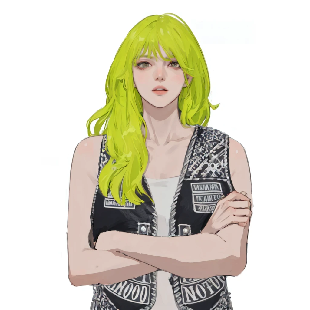 (masterpiece:1.2, best quality), (1girl, solo, upper body:1.2),flat face,Hair: buzz cut, Clothing: oversized, distressed denim jacket with patches and pins, paired with black skinny jeans and combat boots, Hanging out in an underground music venue or street art exhibit
