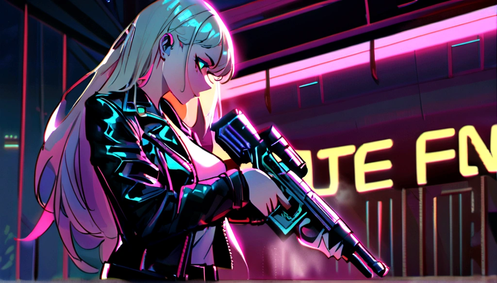 cyberpunk, steampunk  blond long hair girl, at night, allyway, neon lights, coloured rim lighting on girl, leather jacket, steam in background, 3/4 shot, holding gun