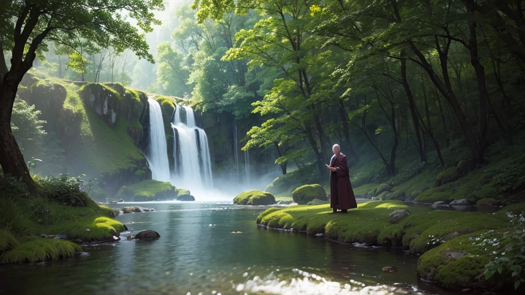 In the shadowy glow of a darkened forest river, a Tibetan Zen monk meditates with serene grace amidst the tranquil setting. This photorealistic image captures the essence of peace and mindfulness as the monk's robes flow calmly in the gentle breeze. The scene exudes a sense of calm and spiritual connection, rendered with exquisite detail and precision. Every brushstroke or pixel enhances the serene beauty and depth of the meditative moment, inviting viewers to pause and reflect on the tranquility of the natural world.