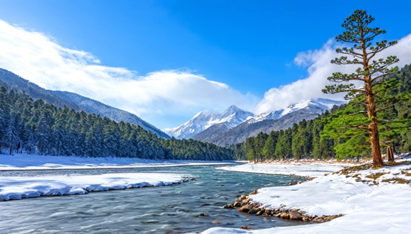 snow, tree, mountain, day, sky, winter, nature, pine tree, forest, blue sky, cloud, mountainous horizon, river