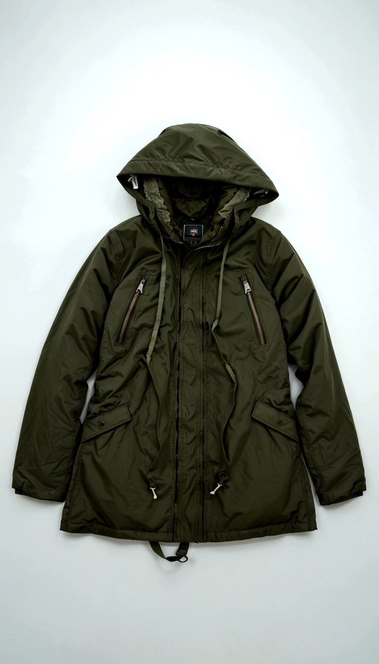 arafed jaket with hood and zippers on a white background, hooded, jaket, Olive, tuffle coat, longcoat, above all, Olive green, above all with many pockets, ballade, anja millen, Utility, Roots and hay coat, 90's, 9 0's, forst, in a full medium shot, short coat, green hoodie