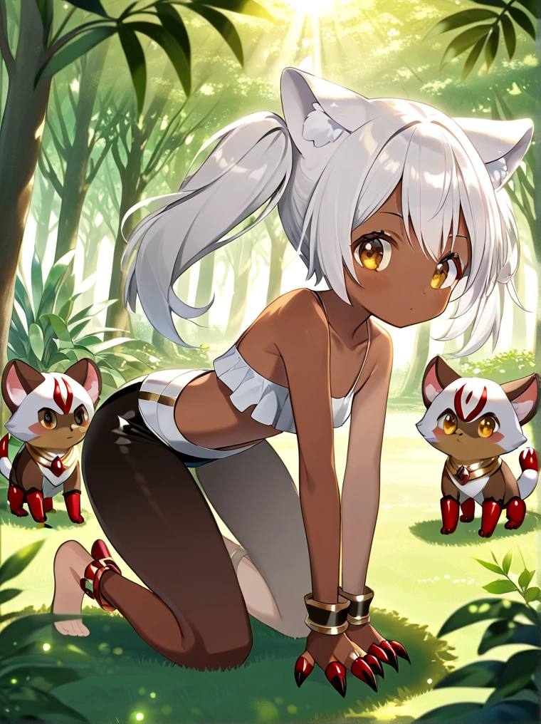 Faputa, 1girl, dark skin, dark-skinned girl, white hair, short hair, ((4arms)), red claws, multiple tails, yellow eyes, white fur, animal ears, ((metal bra)), bottomless, topless, sparkling eyes, tilted head, legs closed, knees together, cute, hands in front of chest, outside, grass, plants, trees, shade, sunlight