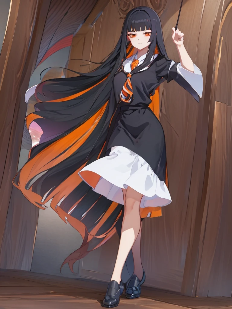 long hair, full body, orange eye, black hair, red inner hair, wand wood, concept art