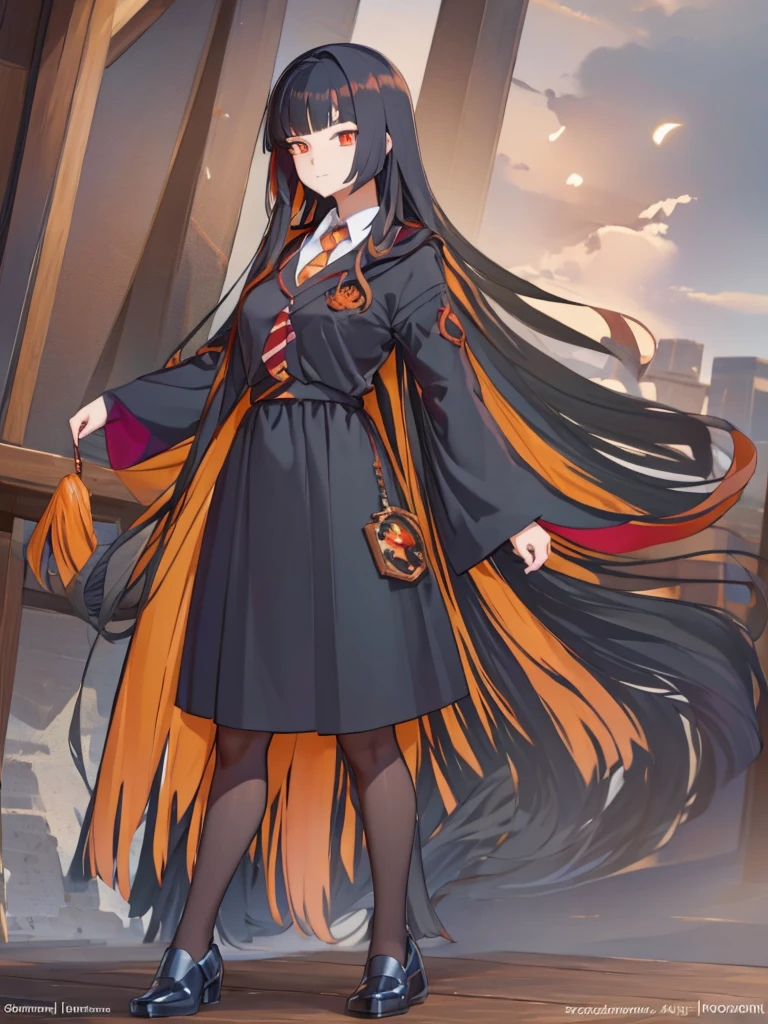 long hair, full body, orange eye, black hair, red inner hair, wand wood, concept art