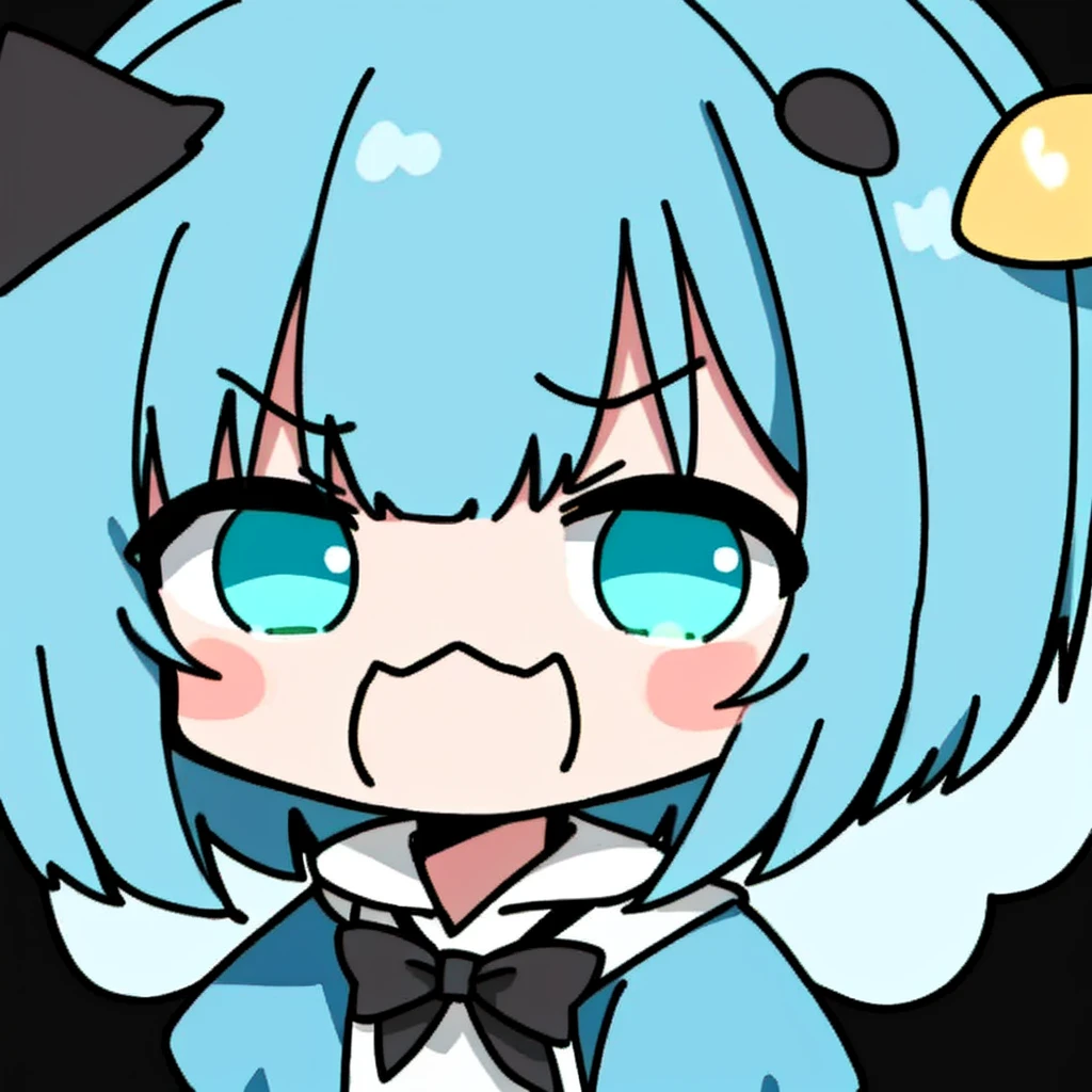 Chibi, ((hight quality, 18k, best quality)), ((black and cyan hair color)), short hair, angry cute
