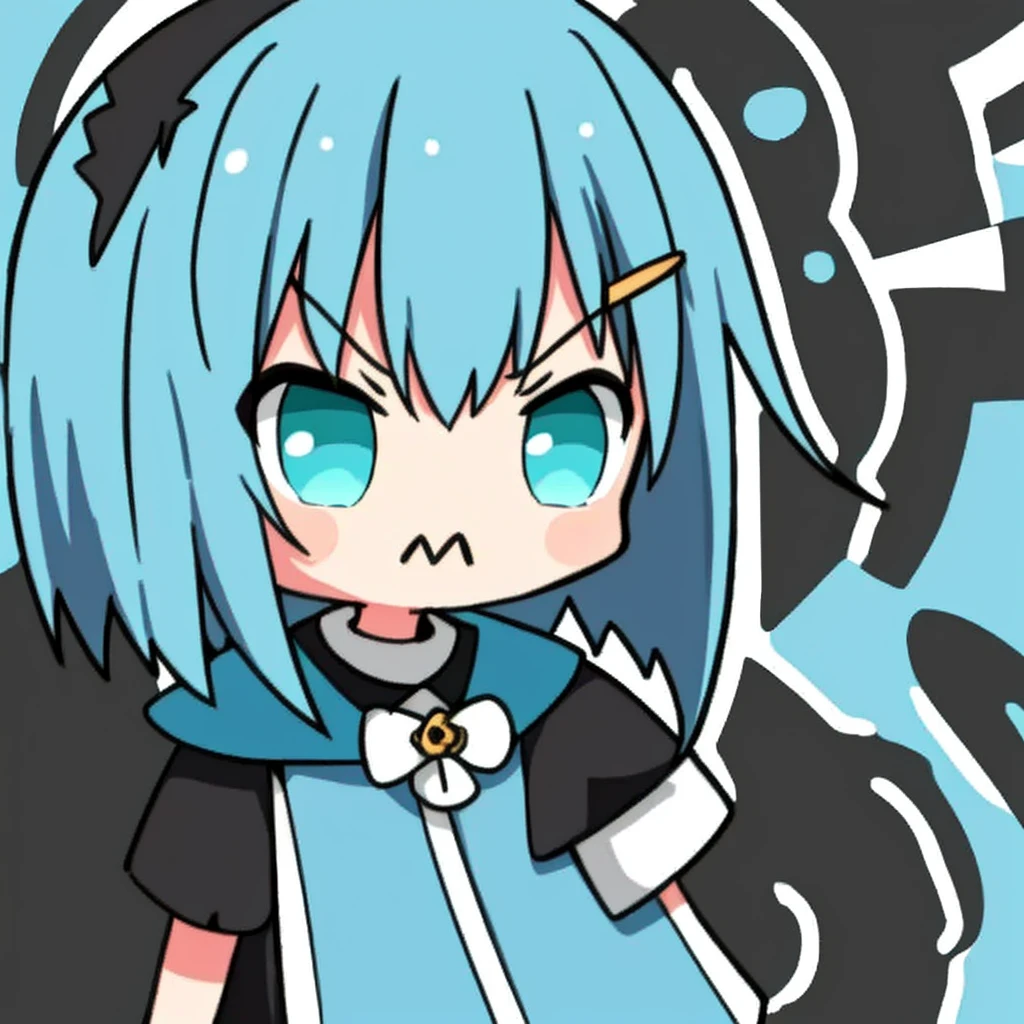 Chibi, ((hight quality, 18k, best quality)), ((black and cyan hair color)), short hair, angry cute