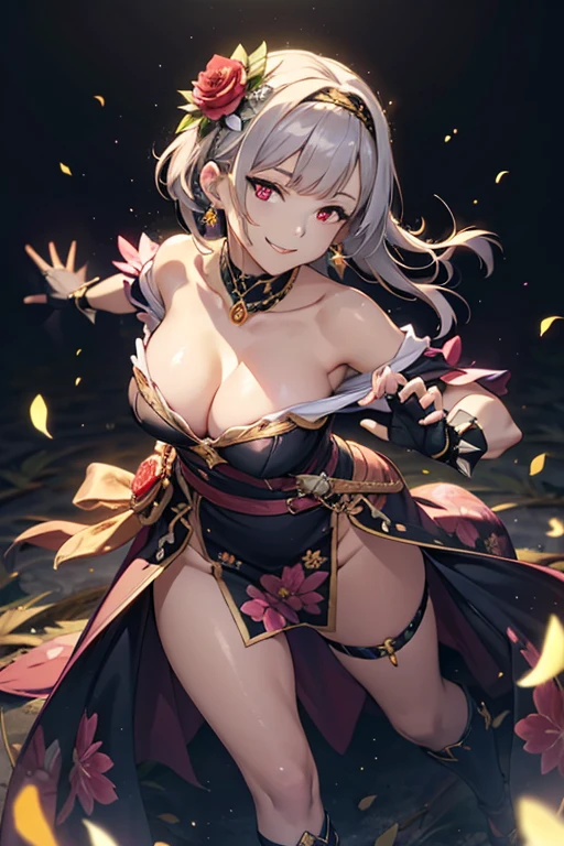 (dynamic angle:1.3, front view:1.1, breast focus:1.3, from below:1.2), (dynamic posing:1.5, sexy posing:1.2, leaning forward), (seductive smiling:1.3),(*K) HD, highest quality, Anime style beutiful woman, 1girl,fullbody, happy, (with sparkling eyes and a contagious smile:1.2), red face, closed mouth, beautiful detailed eyes, super detailed skin, backlighting, bare shoulders, black background, black dress, black gloves, silver hair, breasts, dress, earrings, fingerless gloves, floating hair, floral print, flower, gloves, gold earrings, gold hairband, hair flower, hair ornament, hairband, holding, holding two-hands weapon, jewelry, medium breasts, long hair, looking at viewer, off-shoulder dress, off shoulder,red eyes, short hair with long locks, sidelocks, solo, spikes, thighs, two-sided dress, two-sided fabric, weapon, fighting stance , face, close up, from above, highest quality, high resolution,Real World, Natural light,perfect Natural light,looking at viewer,