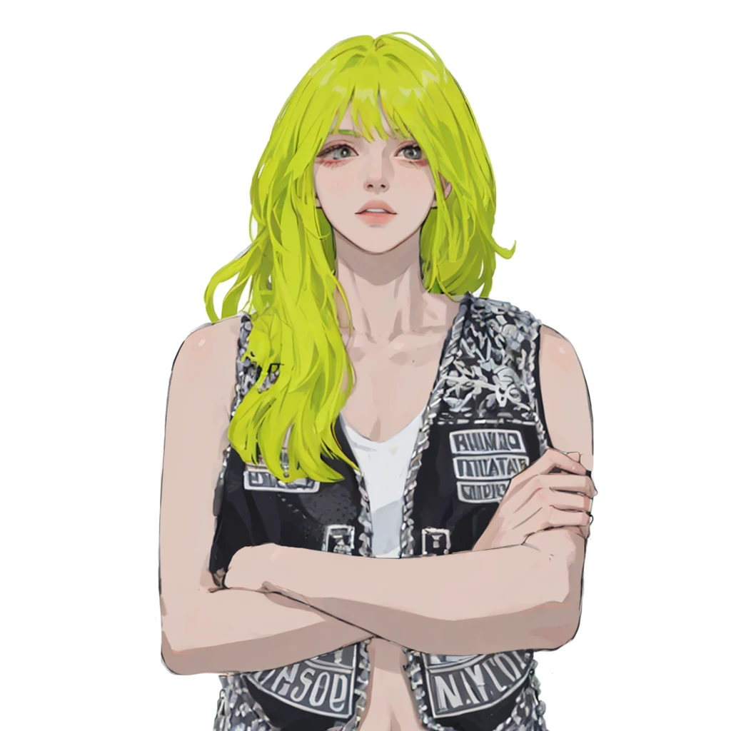 (masterpiece:1.2, best quality), (1girl, solo, upper body:1.2),flat face,Hair: buzz cut, Clothing: oversized, distressed denim jacket with patches and pins, paired with black skinny jeans and combat boots, Hanging out in an underground music venue or street art exhibit
