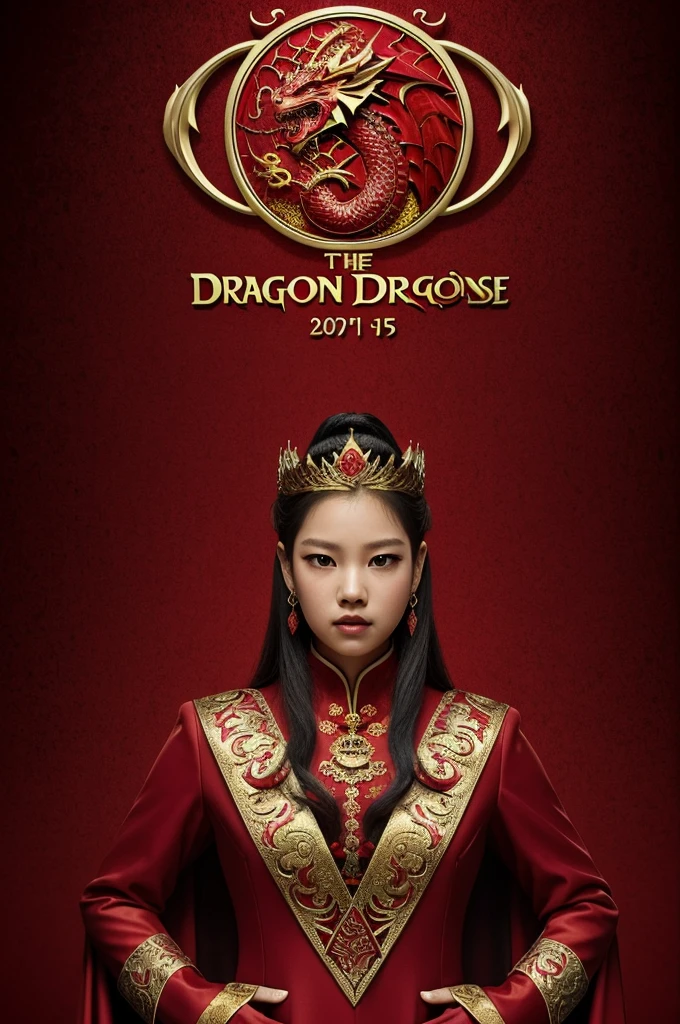 The face of a dragon, the background is red and gold and blackpink is plain in the center with a red suit and a black cape wearing a dragon brooch, a golden crown with the logo of a dragon in the center and finally with the name of the dragon house