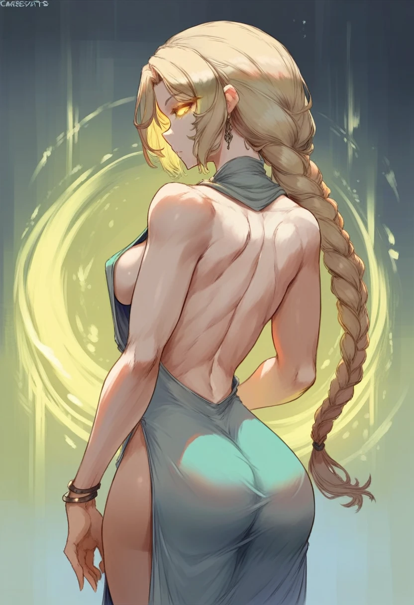 cutesexyrobutts style, marika (elden ring), 1girl, breasts, long_hair, solo, braid, dress, braided_ponytail, yellow_eyes, jewelry, glowing, large_breasts, looking_at_viewer, bracelet, earrings, backless_outfit, glowing_eyes, blonde_hair, bare_shoulders, backless_dress, looking_back, black_dress, single_braid, sideboob, from_behind, back