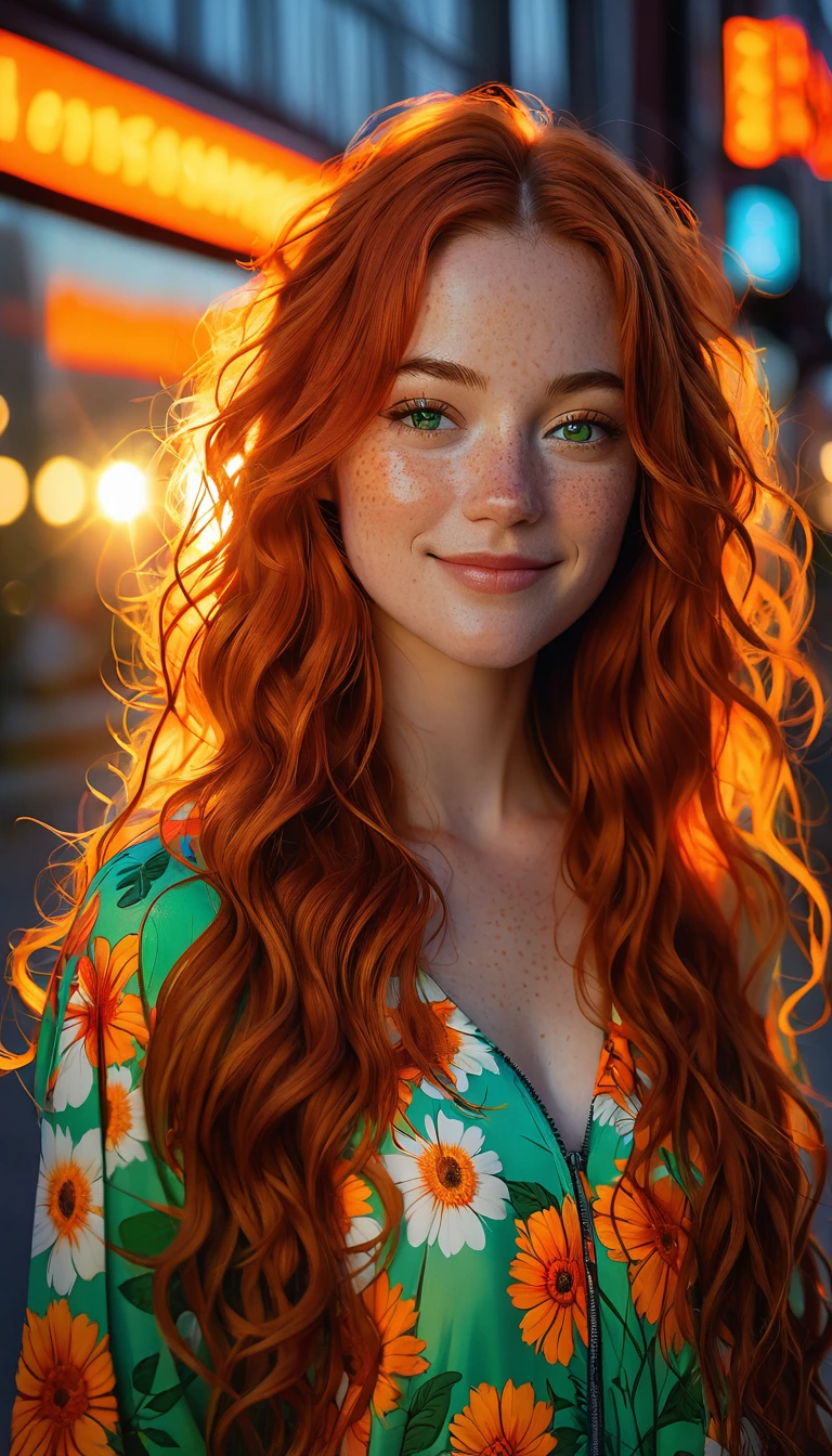 masterpiece portrait of a woman in Montreal at dawn, long hair, beautiful orange curly hair, ssmile, greeneyes, freckles, flower print, don, dawn, neon, lightrays, caustic, lens reflection, ((standing alone)), Ismael_Limbo