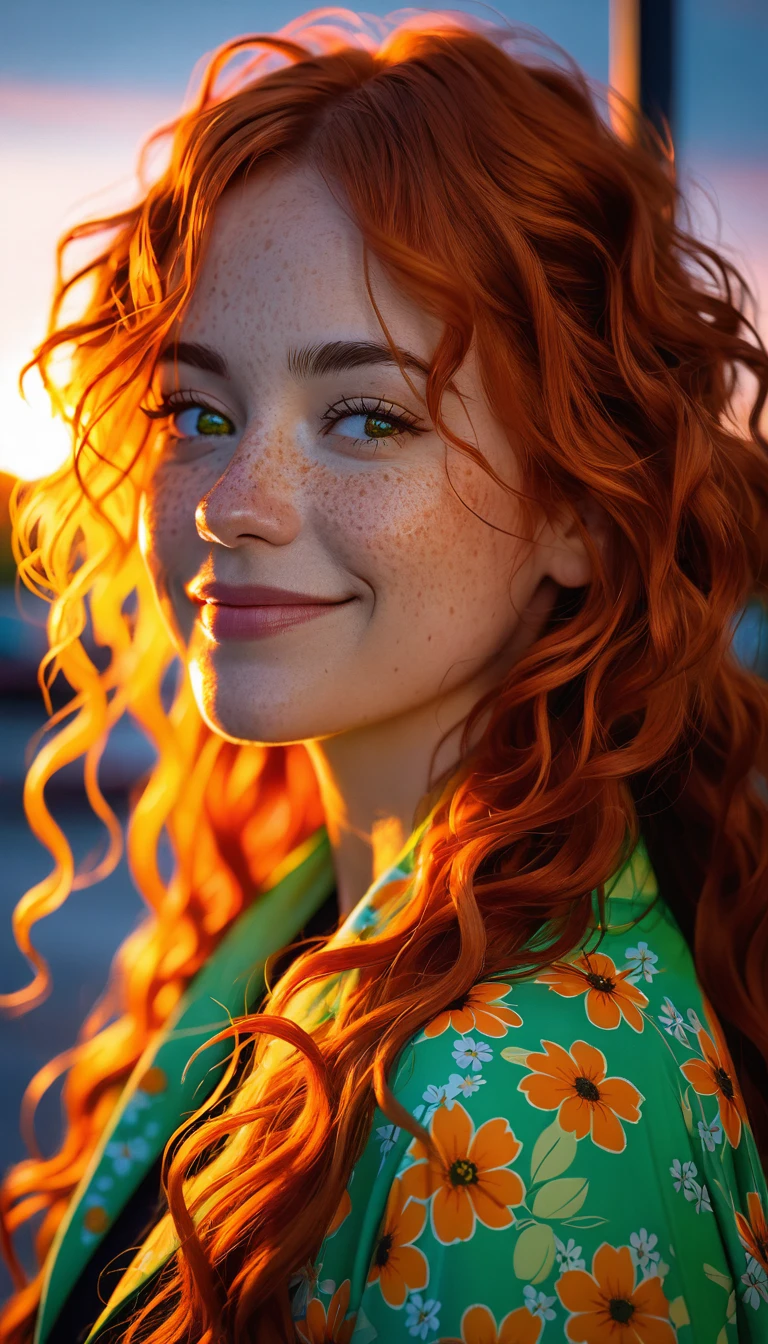 masterpiece portrait of a woman in Montreal at dawn, long hair, beautiful orange curly hair, ssmile, greeneyes, freckles, flower print, don, dawn, neon, lightrays, caustic, lens reflection, ((standing alone)), Ismael_Limbo