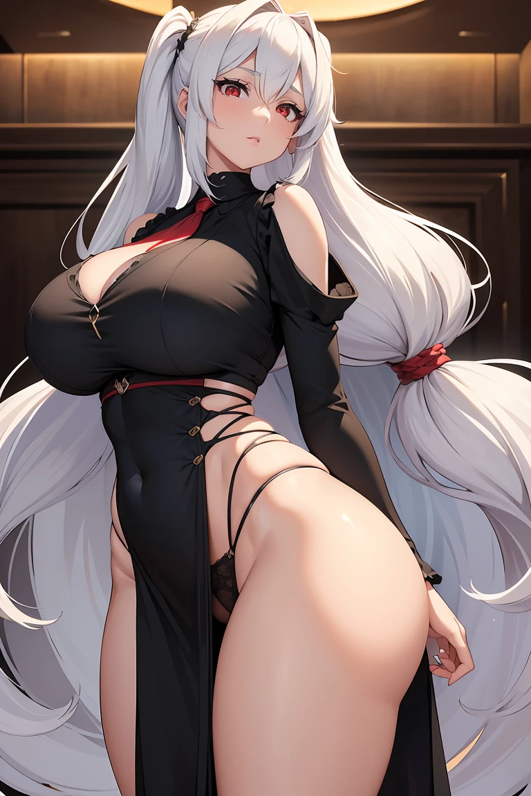 (best quality,4k,8k,highres,masterpiece:1.2),ultra-detailed,realistic,photorealistic:1.37 1girls black dress blush breasts breasts bigger than head cleavage curvaceous ? curvy body ? curvy female ? curvy figure ? female ? hair ? hair between eyes ? hips ? huge ass ? huge breasts ? human ? kladenart ? light skin ? light-skinned female ? long hair ? looking at viewer ? mature ? mature female ? neckwear ? noblewoman ? panties ? posing ? posing for the viewer ? red eyes ? thick thighs ? thighs ? twintails ? very long hair ? white hair ? wide hips