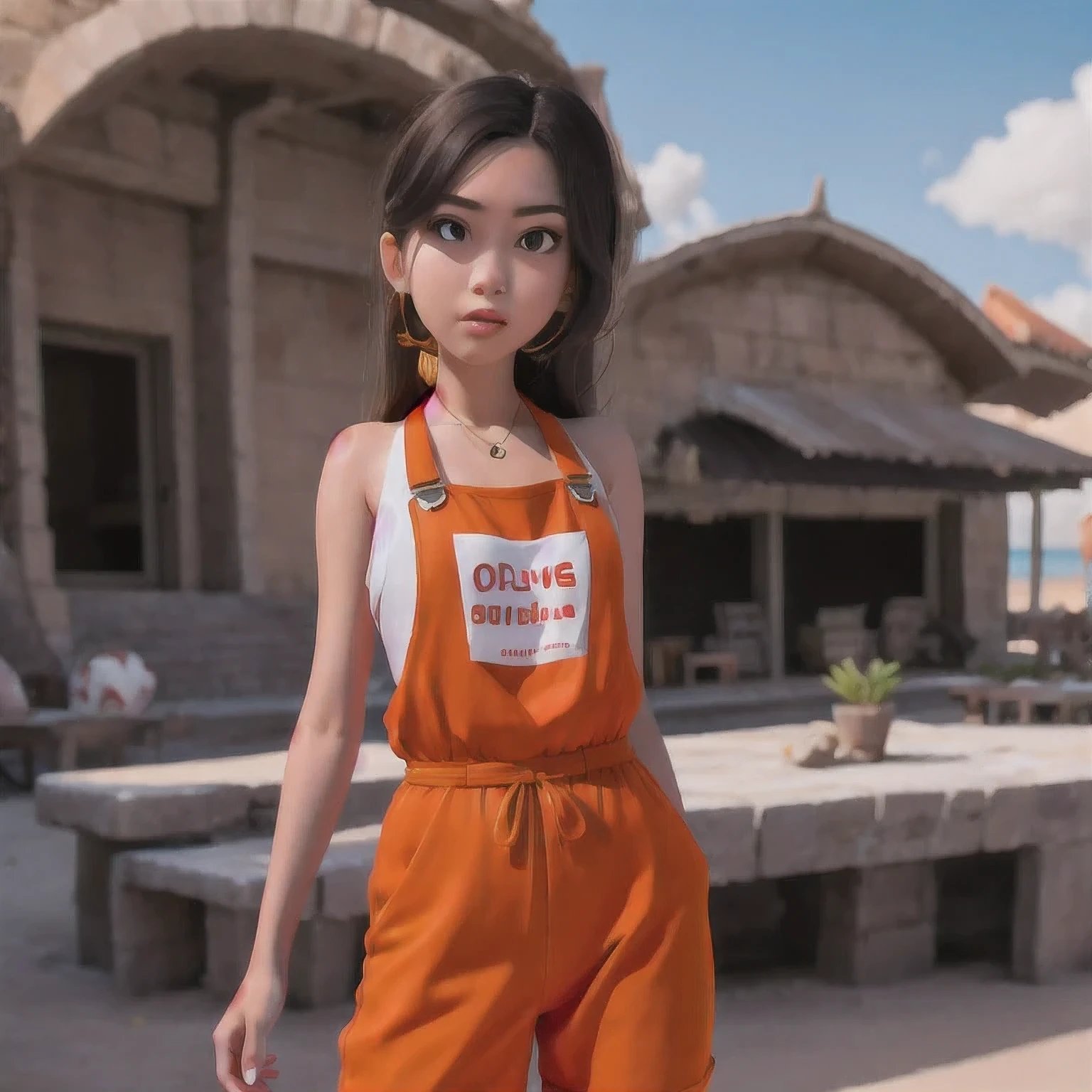 Armenian girl standing on a beach with an orange overall, orange jumpsuit, overalls, wearing an orange jumpsuit, official product image, wearing overalls, orange halter top, artist wearing overalls, wearing an orange t-shirt, wearing orange sundress, wearing orange prison jumpsuit, neck zoomed in, wearing an orange t shirt, cute girl wearing tank suit