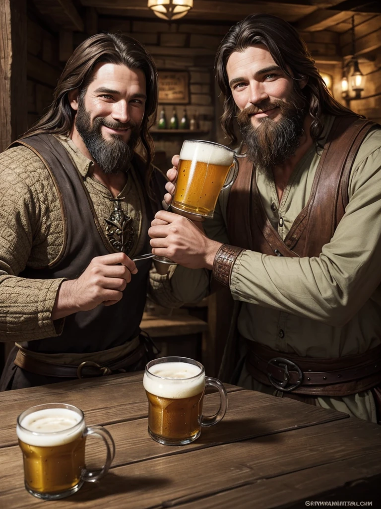 Two medieval fantasy adventurer brothers. They are dressed in comfortable travel clothes. They both smile while toasting with mugs of beer sitting at the table in a wooden tavern.. Their faces are full of unkempt beards. One has black hair. Another has brown hair.