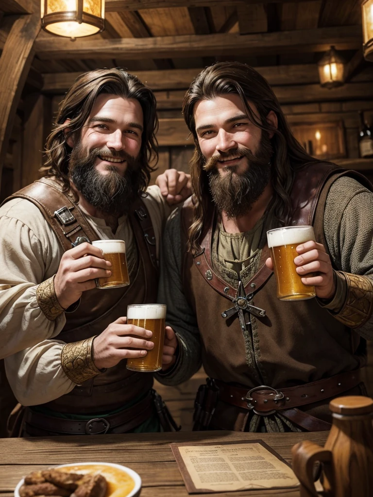 Two medieval fantasy adventurer brothers. They are dressed in comfortable travel clothes. They both smile while toasting with mugs of beer sitting at the table in a wooden tavern.. Their faces are full of unkempt beards. One has black hair. Another has brown hair.