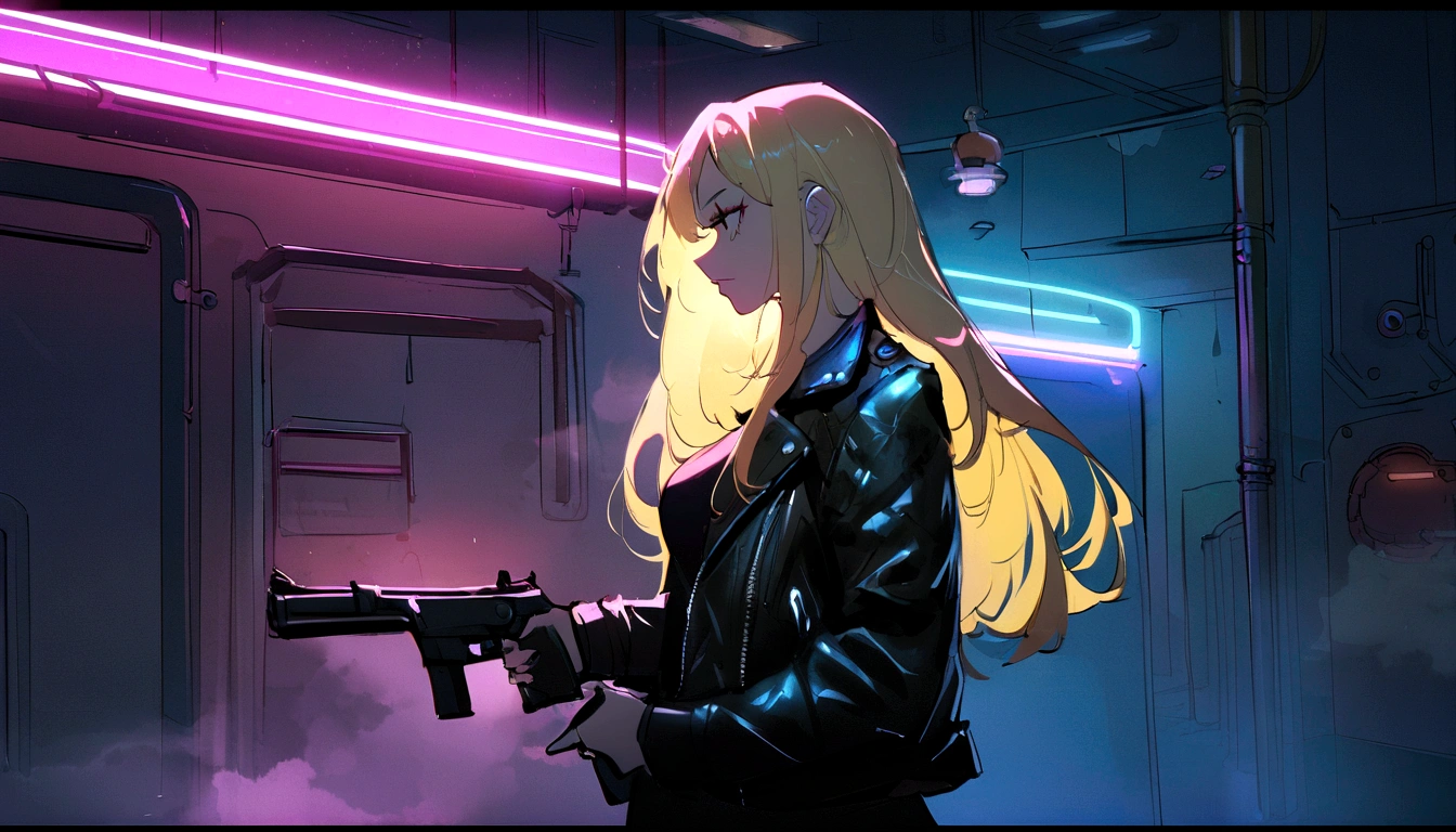 cyberpunk, steampunk  blond long hair girl, at night, allyway, neon lights, coloured rim lighting on girl, leather jacket, steam in background, side view  3/4 shot, holding gun