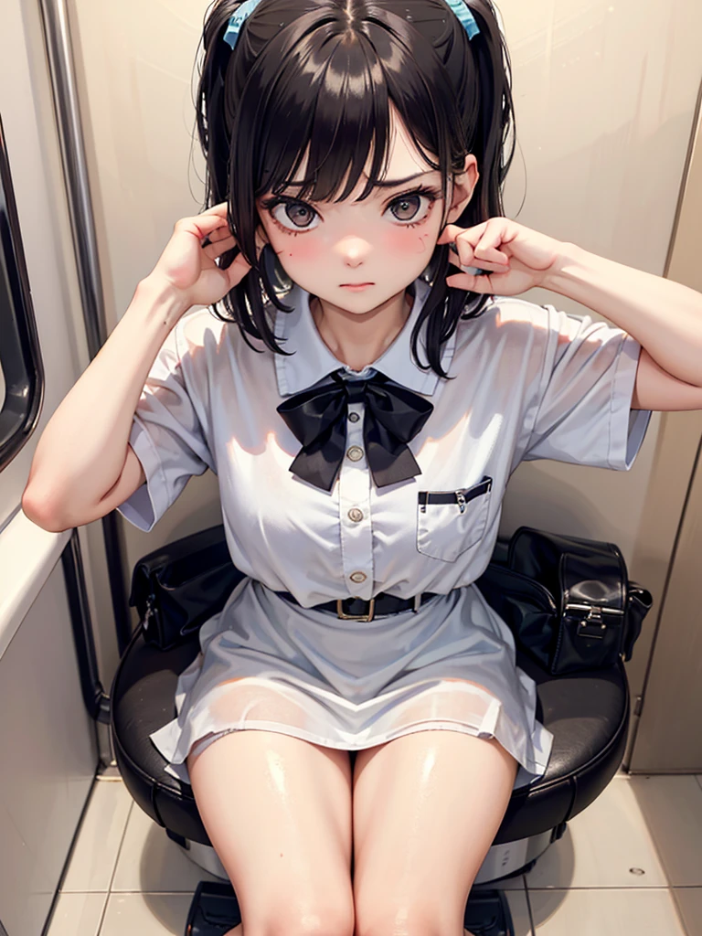 ((((Best Quality, 8K, 32K, masterpiece, 1.2)))),{{solo}},nsfw,{{{Artist: GirlfriendMix's style}}},((perfect beautiful face:1.2)),  public toilet in train, sitting on toilet seat, wearing , peeing, leaking pee from pussy, half visible vivid pussy, a lot of public hairs, defiant look, embarrassed,